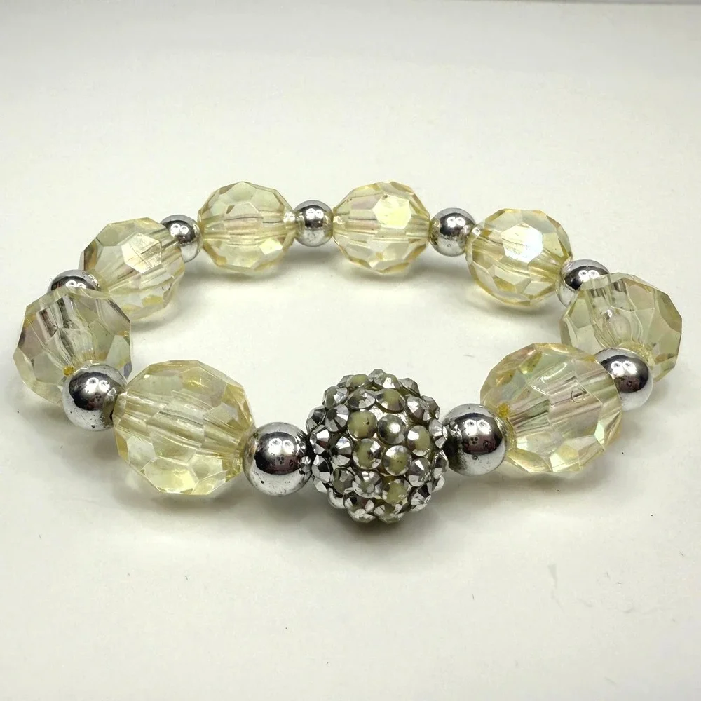 Acrylic Faceted Bead Bracelet Silver Cluster Accent Stretch Band Jewelry 6.5